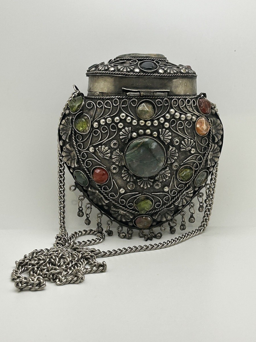 エスニック ヴィンテージ 天然石 チェーンバッグ インド sajai Vintage Sajai Silver Tone Metal Purse With Natural Stones Read | eBay