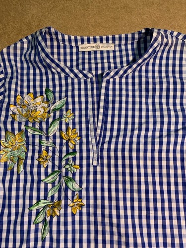 Signature Collection Sz (4/6) Blue White Checkered Blouse Floral Embroidery (C) - Picture 4 of 9