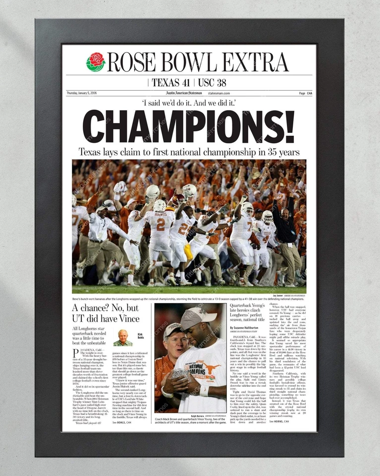 Texas Longhorns 2006 NCAA Rose Bowl Campeones de fútbol americano universitario enmarcado portada Foto 2 de 4