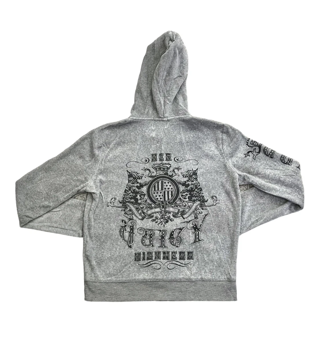 Juicy Couture Her Highness Rhinestone Crown Dog Velour Zip Up Hoodie Grey  Small