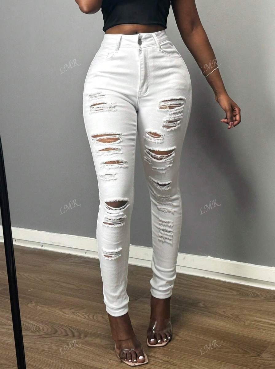 Pantalon Blanco Para Mujer de Mezclilla Pantalones Casuales