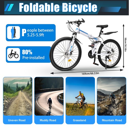26" Mountain Bike Folding 21-Speed Men Women Bikes Dual Disc Brake MTB Bicycle - Picture 3 of 10
