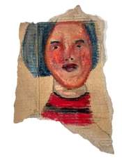 Original Outsider Art Primitive Woman Naive Portrait Painting Torn Cardboard