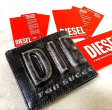 Diesel Men Black Denim Distressed finish Bifold Wallet Embossed 3D logo Luxury