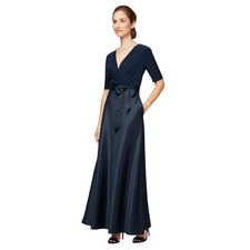 Alex Evenings Women Tea Length Surplice Neckline Dress with Tie Waist, Navy