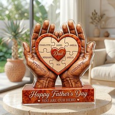 Personalized Faux Wood Dad Hands Holding Puzzle Heart Acrylic Block, Father's