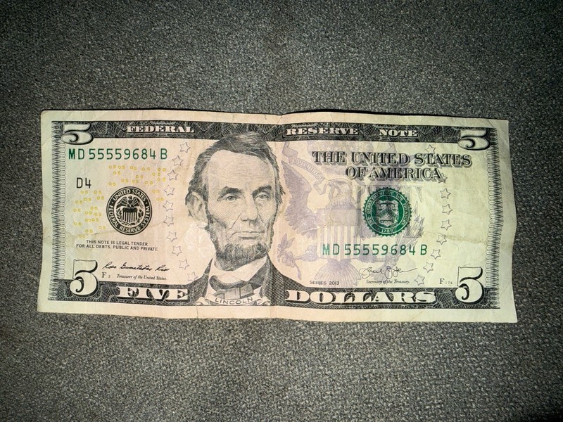 $5 Bill Fancy Serial Number Quad 5’s Circulated Series 2013