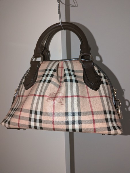 BURBERRY khaki coated canvas war horse plaid handbag