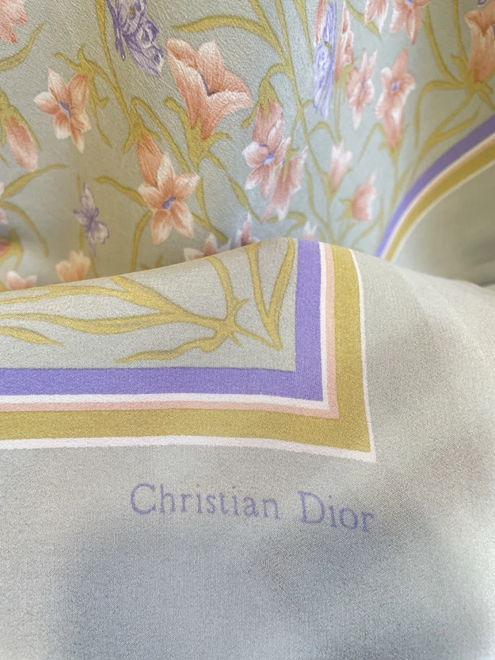 Y8 # Christian Dior цветочный шарф пастель зеленый розовый синий 100% шелк винтажный квадратный - Изображение 4 из 4