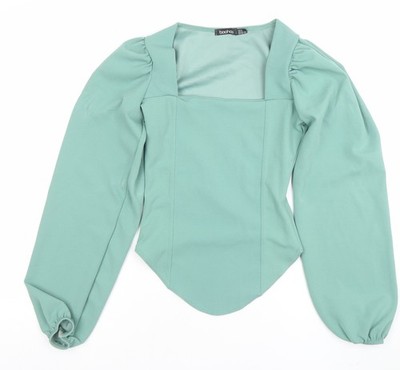 Boohoo Damenbluse grün Puffärmel quadratischer Ausschnitt UK 8