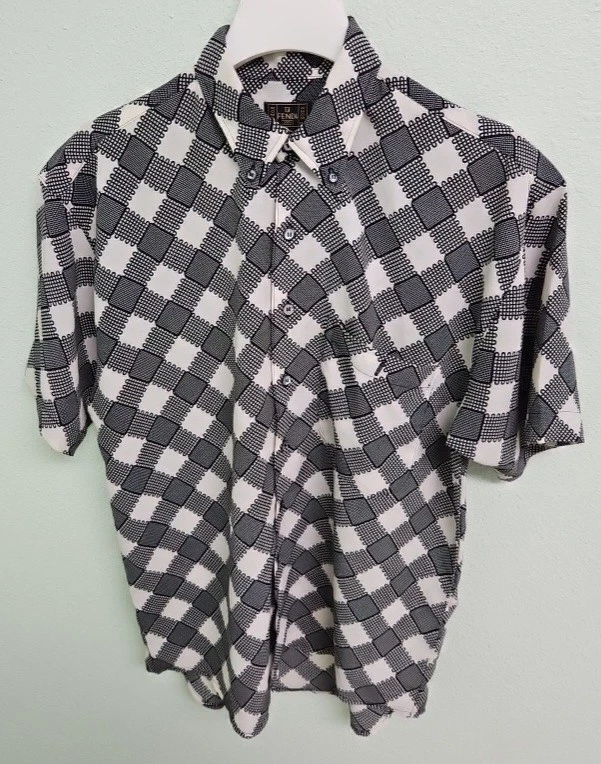 Vtg Fendi Roma Amor Italy Button Up Black & White Short Sleeve Men's Large - Image 4 of 4