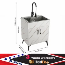 White Laundry Stainless Steel Sink with Cabinet and Pull-Out Sprayer Faucet 24"