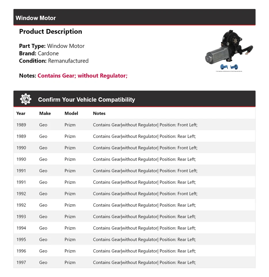 Для 1989-1997 Geo Prizm окно мотор Cardone 1990 1991 1992 1994 1995 1996 - Изображение 2 из 4