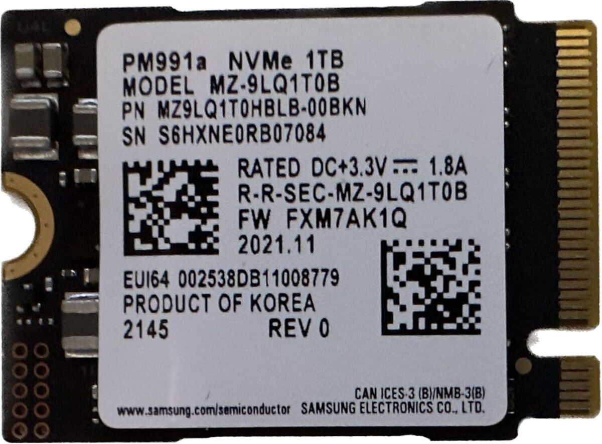 SAMSUNG 1TB SSD M.2 2230 30mm PM991a NVMe PCIe Gen3 x4 MZ9LQ1T0HBLB Solid Stat SAMSUNG 1TB SSD M.2 2230 30mm PM991a NVMe PCIe Gen3 x4 MZ9LQ1T0HBLB Solid Stat