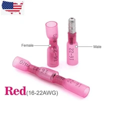 Red Heat Shrink Bullet Wire Connectors 22-16 AWG Female Male Crimp Terminals US