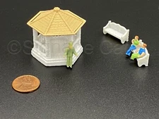 HO Scale 3D Gazebo, Two Marble Benches Model Railroad Train Scenery