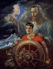 Warner Sallman CHRIST OUR PILOT 8x10 Print Jesus Young Man on Boat in Storm 