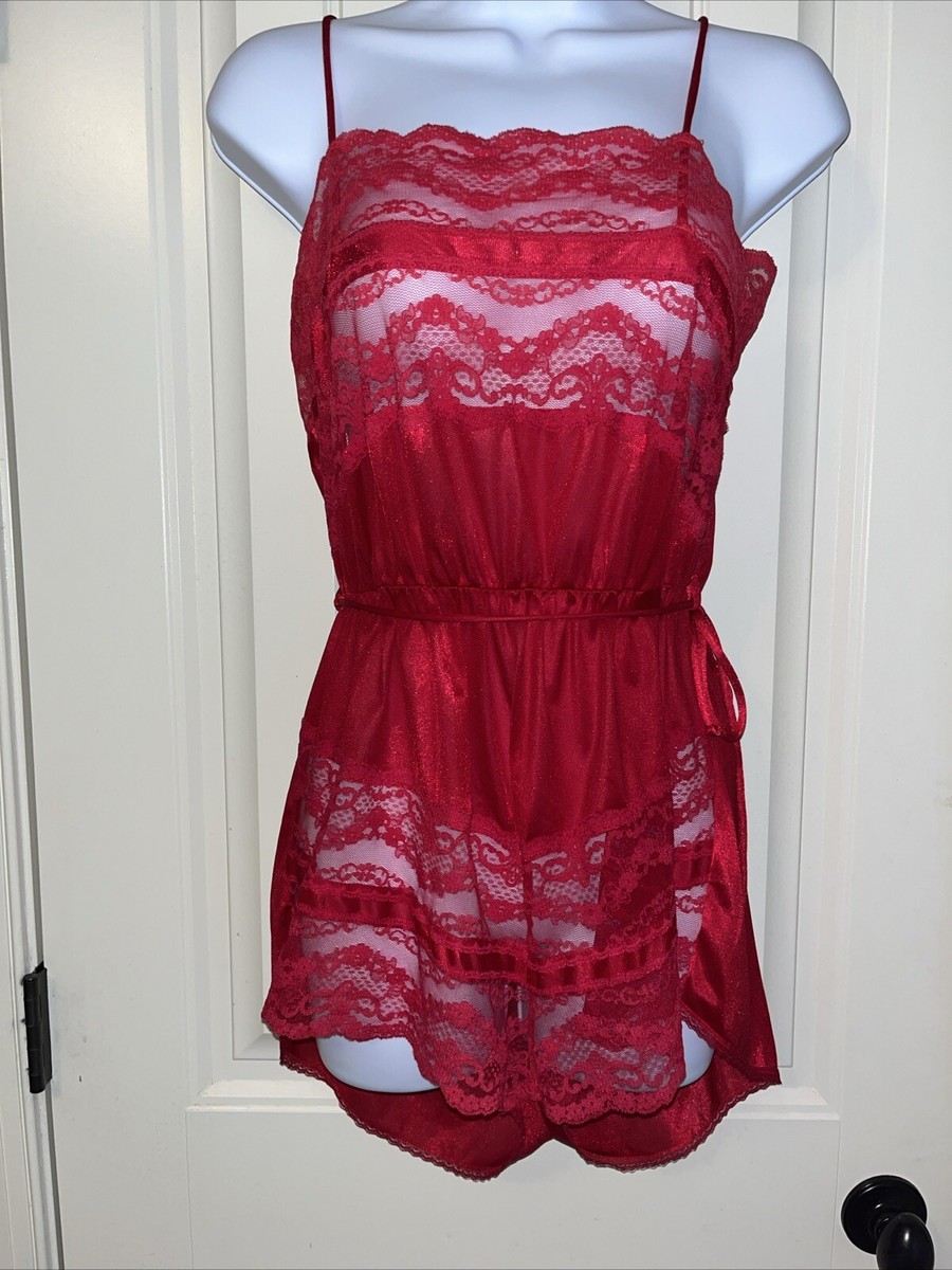 Vtg Teddy Romper Playsuit Bodysuit Wide Sheer Lace Belted Sissy Nylon Red  Large