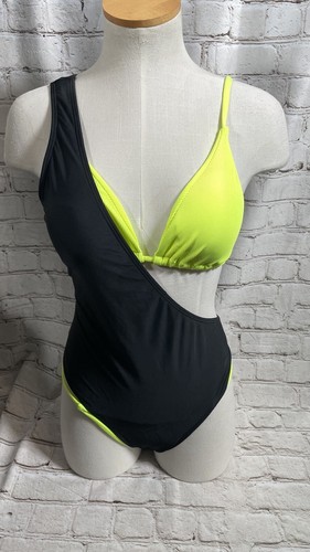 Women's Colorblock 3 PCS Swimsuit Rib Triangle Bikini Set One Shoulder suit - L - Foto 16 di 17