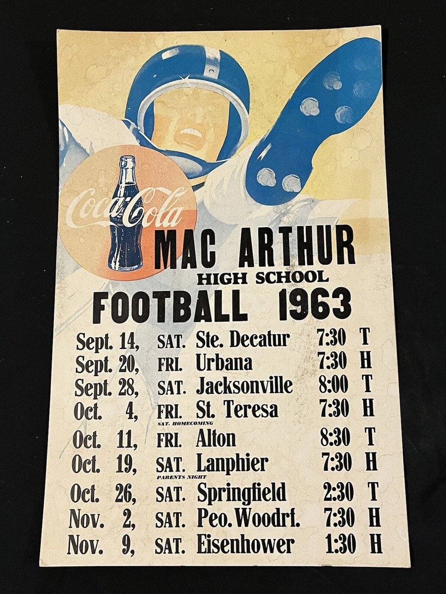Vintage 1963 Mac Arthur High School Football Schedule Poster Springfield ILL