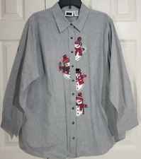 CST Sport Women Plus 20W Grey Snowman Christmas Button Cotton Long Sleeve Shirt