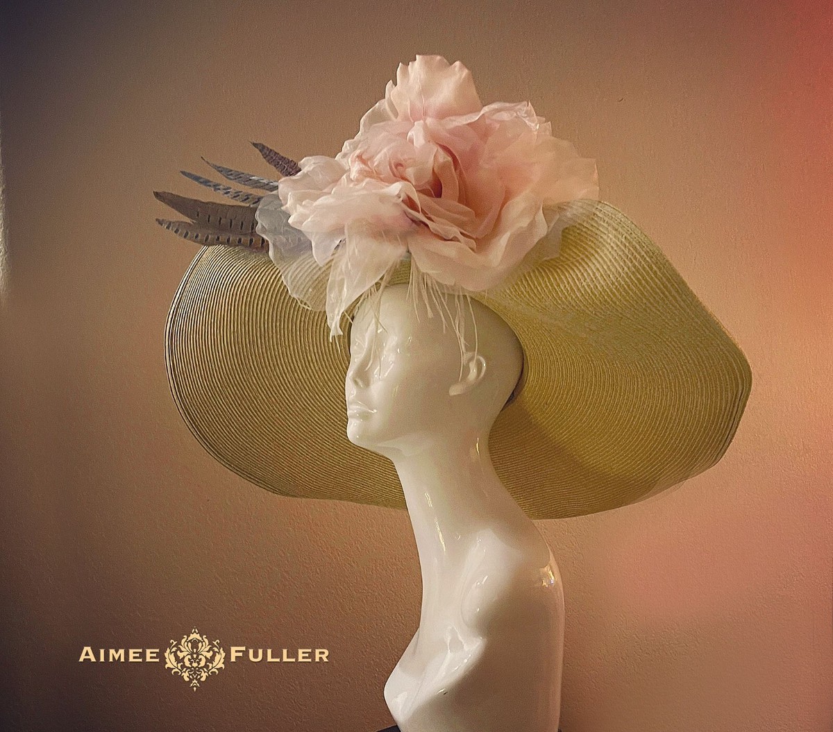 Wide Brim Kentucky Derby Hat Sand Brown Soft Pink Rose Del  display picture 2