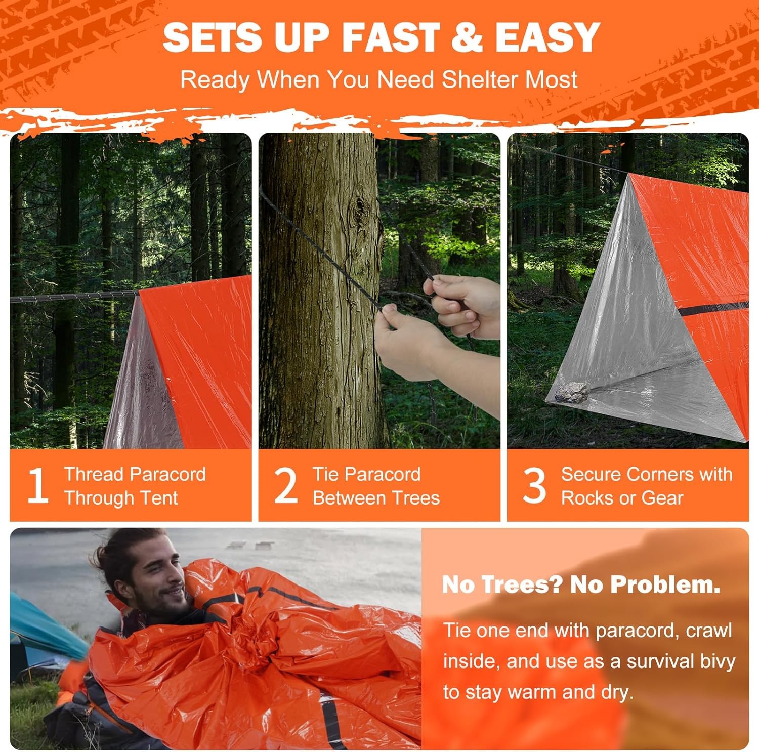 Emergency Survival Tent Life Shelter - 2 Person Mylar 1 Pack, Orange 