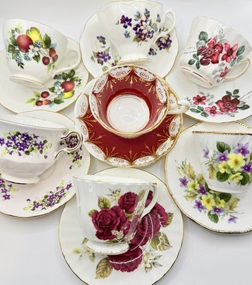 Vintage Tea Party Bundle Mixed Rose Violet 7 Sets English Cups & Saucers Teacups