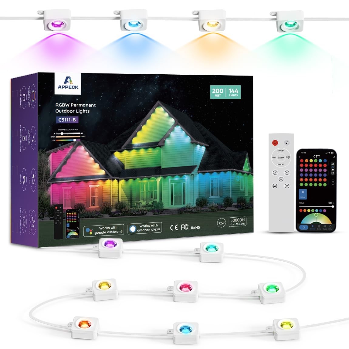 Permanent Outdoor Lights 200ft with 144 Lights, 72W RGBW Eaves Lights, DC 36V...