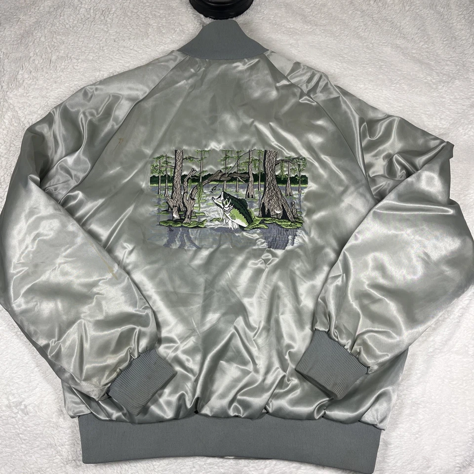 Vintage 90s Embroidered Bass Outdoors Fishing Satin Jacket Men’s Size L USA Made - Image 2 of 4