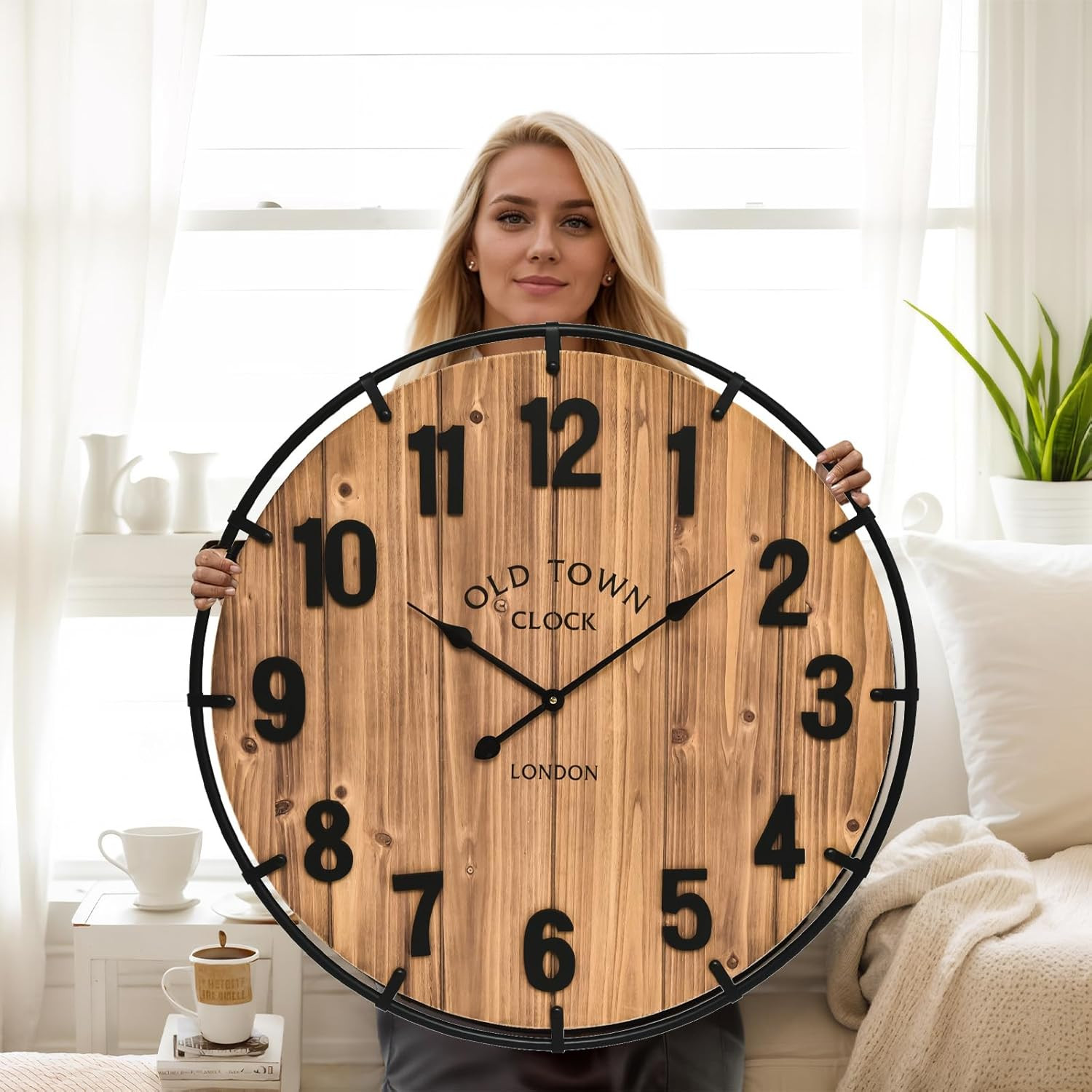 30" Vintage Rustic Farmhouse Wall Clock - Silent Battery-Operated Decor