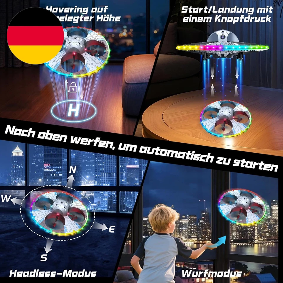 RC UFO Drohne Für Kinder Und Anfänger, Mini Drohne Mit Kamera Und Bunten LED Lic - Bild 3 von 4