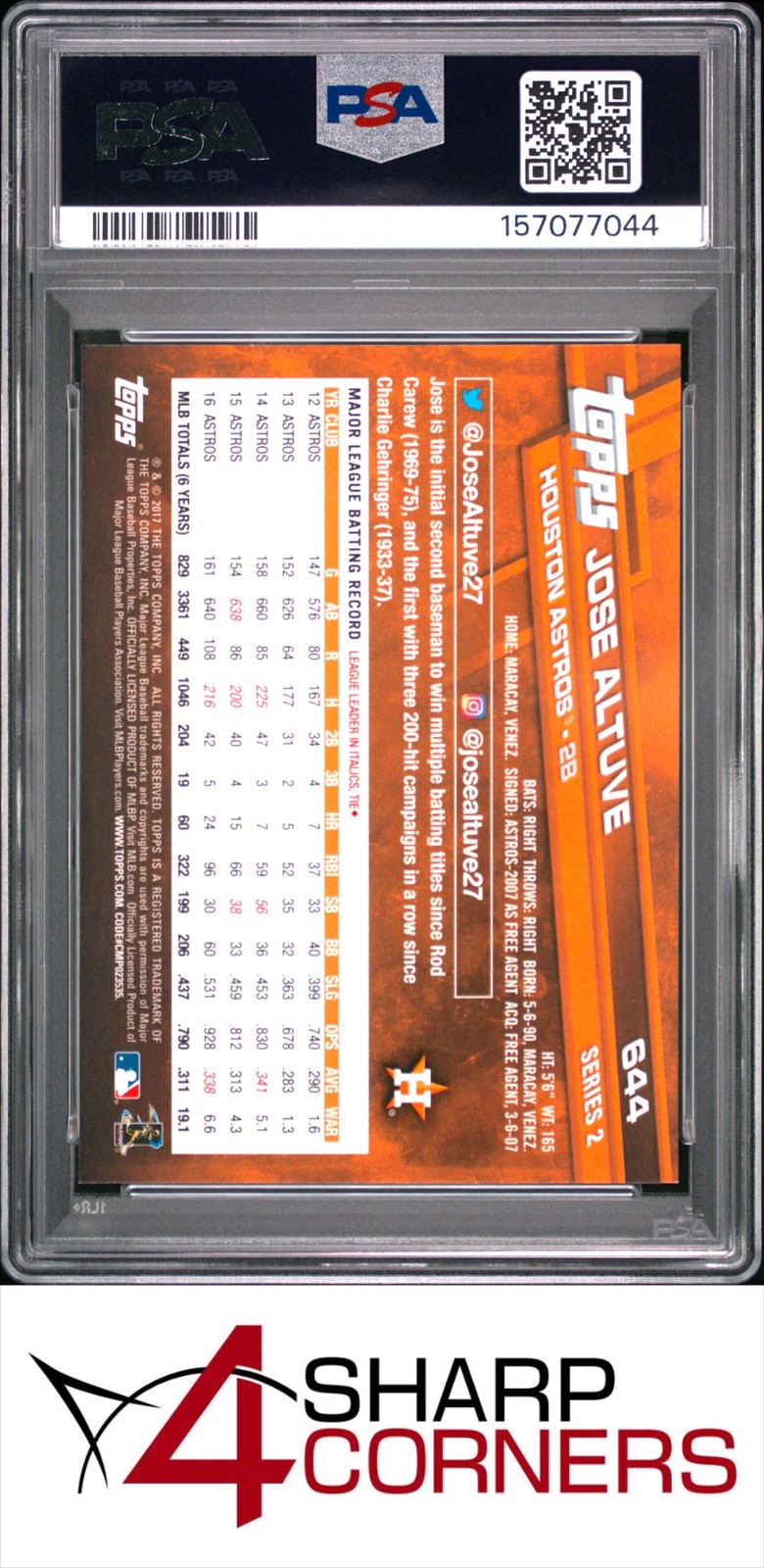 2017 TOPPS #644 JOSE ALTUVE ASTROS PSA 10 view 2