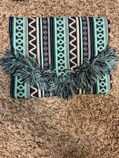 MUD PIE CLUTCH PURSE NAVY TEAL WHITE GRAY POM POMS SNAP CLOSURE