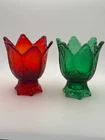 VTG Pair of Fenton Red & Green Tulip Shaped 2 Way Candle Holders Votive & Taper