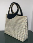 PICHEL, ANTIQUE VINTAGE WOVEN STRAW HANDBAG PERFECT FROM 1950’S’S NAVY TRIM
