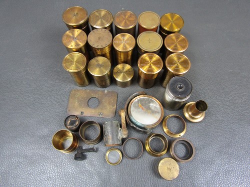 Antique job lot brass microscope lens cases & parts