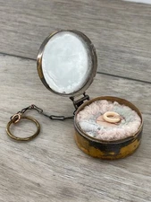 Vintage Brass Powder Compact Mirror Silver Plate Vanity Chain Art Deco WW2 Era