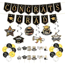 Graduation Decorations Set, Black & Gold Class of 2024 Banner,Card,Balloons