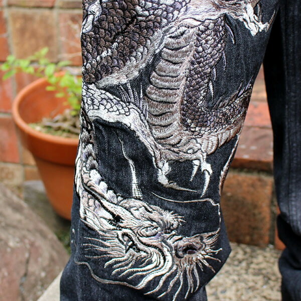 Mens Jeans Japanese Pattern Embroidery Denim Straight Dragon