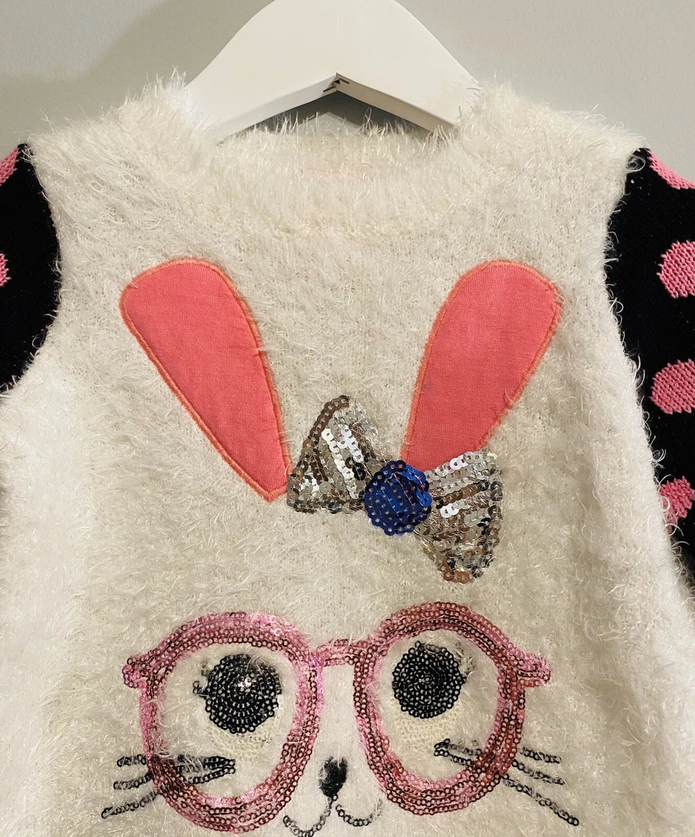 NEW Design History Girls Size 3T White Fuzzy Sweater Sequin Bunny