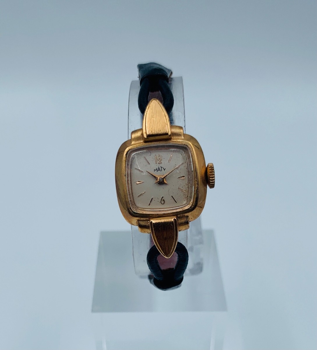 Montre Mécanique Domina Femme Années 60 - Boîtier Acier Plaqué Or, Cadran Bleu Pétrole, Bracelet Cuir - Occasion