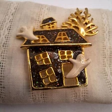 JJ Jonette Jewelry black glitter and gold haunted house brooch