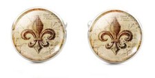 Fleur de Lis Heraldic Cufflinks Brown Cream Silver Men's