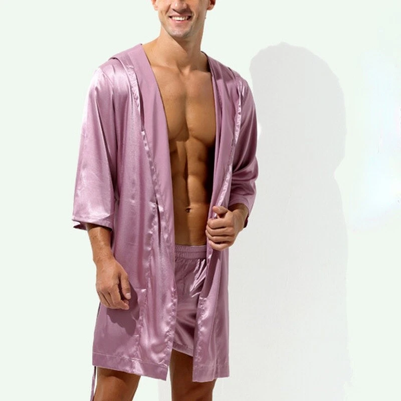 Men Satin Bathrobe Faux Silk Robe Sleepwear Nigh Loungewear Dressing Gown Casual