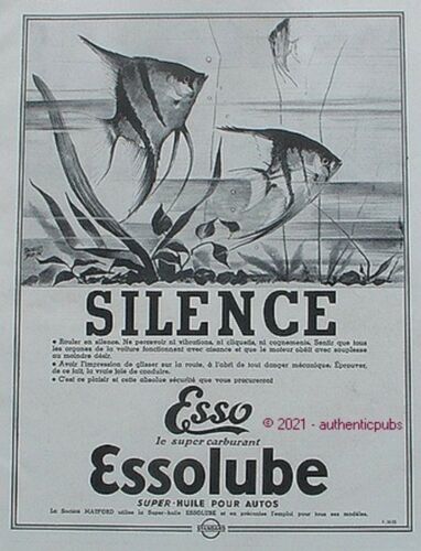 PUBLICITE ESSO ESSOLUBE SILENCE POISSONS POISSON SIGNE J BLEIN DE 1936 AD ANIMAL - Afbeelding 1 van 1