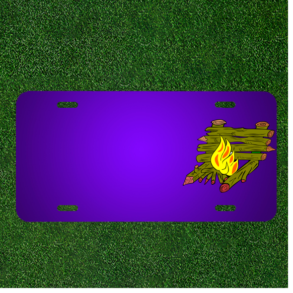 Create Your Custom Personalized License Plate with Names Added to Flames on Wooden Fire Logs for a Unique Design