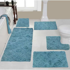 Modesto Bath Rug 100 Cotton Bath Rugs Set, 5-Pcs Set with Contour, Blue