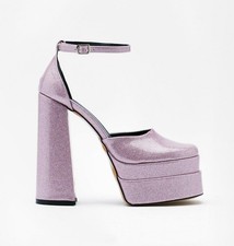 Nasty Gal, TRENDY Pink glitter patent 6.5" block heel double platforms, SZ 9