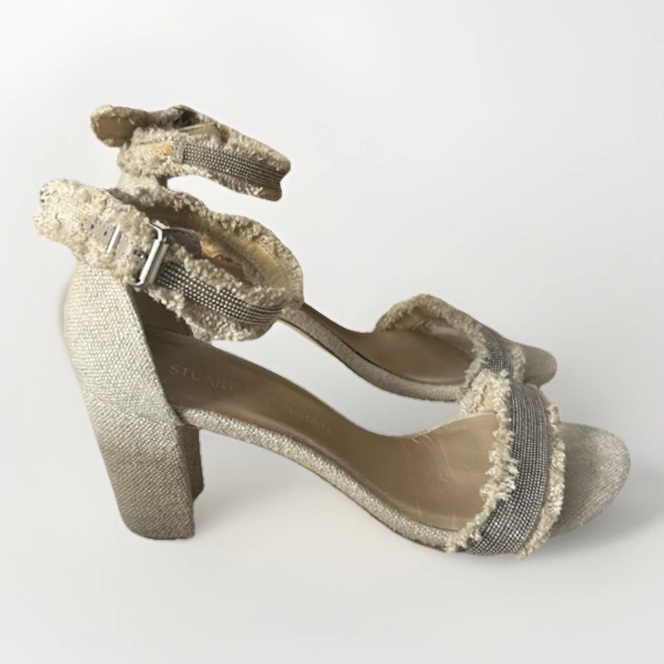 Sandalias Stuart Weitzman Nudistchains de lona dorada bloque de tweed EE. UU. 8 M Foto 4 de 4